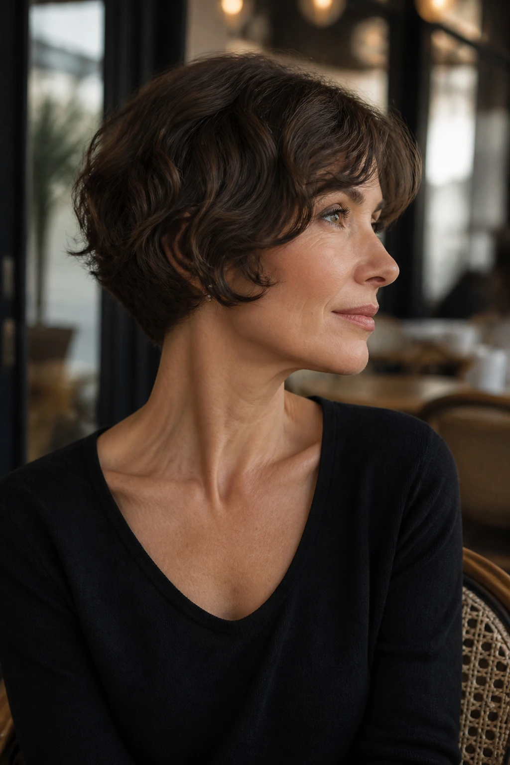 Portrait of a real woman with French bob and tucked-in neckline, soft curls