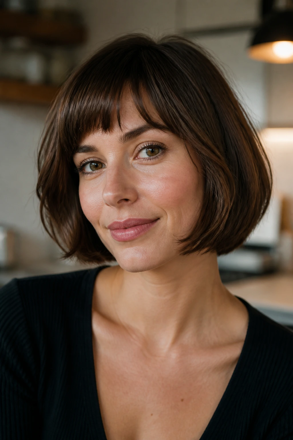 Close-up of a real woman with a French bob and soft undercurve.