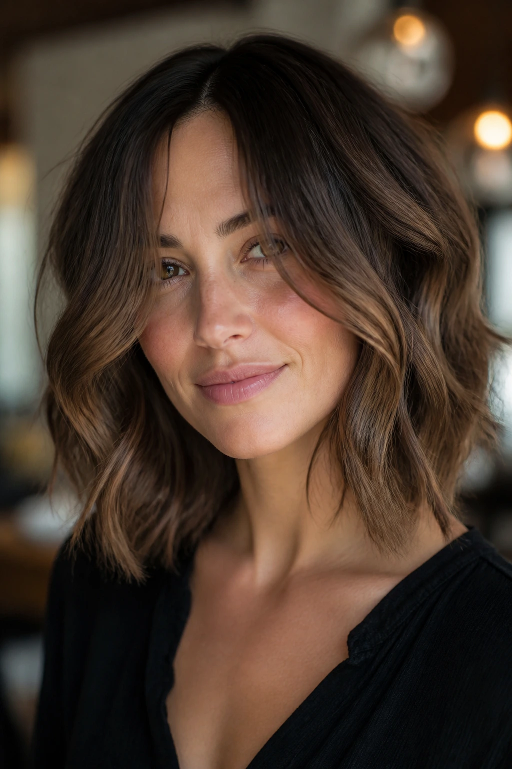 Real woman with Long-French Lob Hybrid hairstyle.
