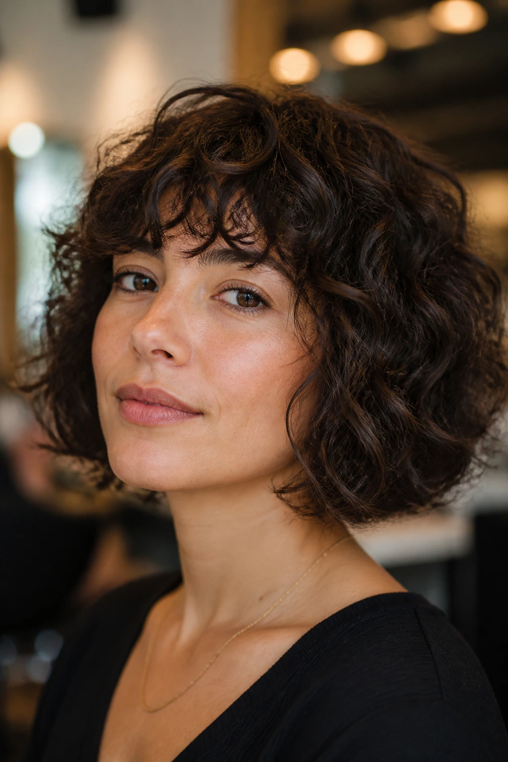 Portrait of a real woman with Soft Paris Crop variant in a cozy salon