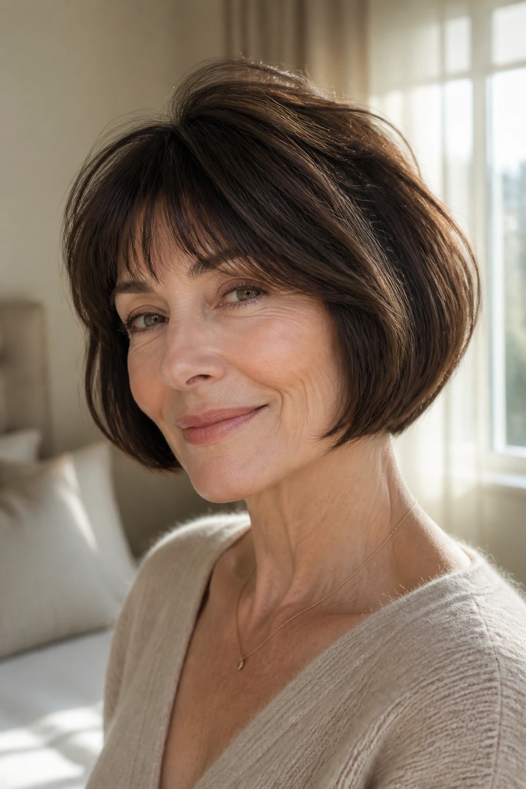Close-up of a real woman with a French bob and soft volume at the crown