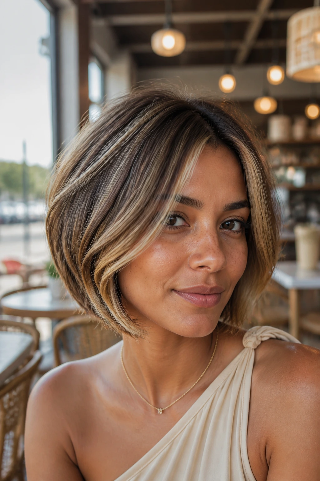 Close-up of a real woman with French bob and warm beige lowlights.