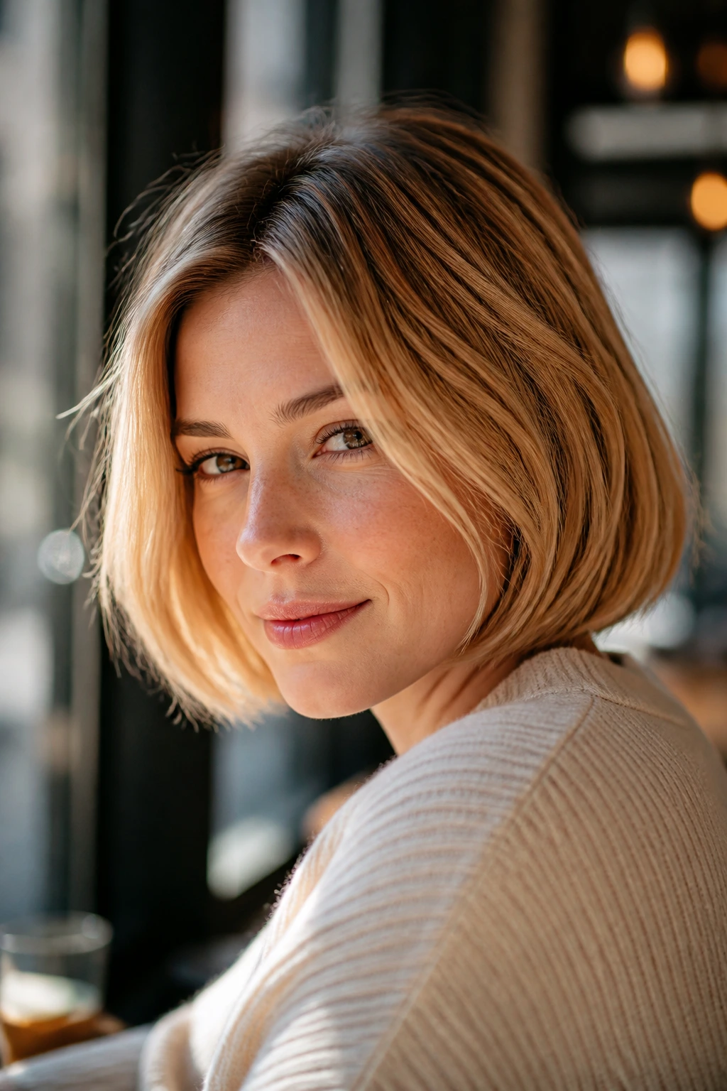 Close-up of a woman with French bob in warm glazed strawberry blonde