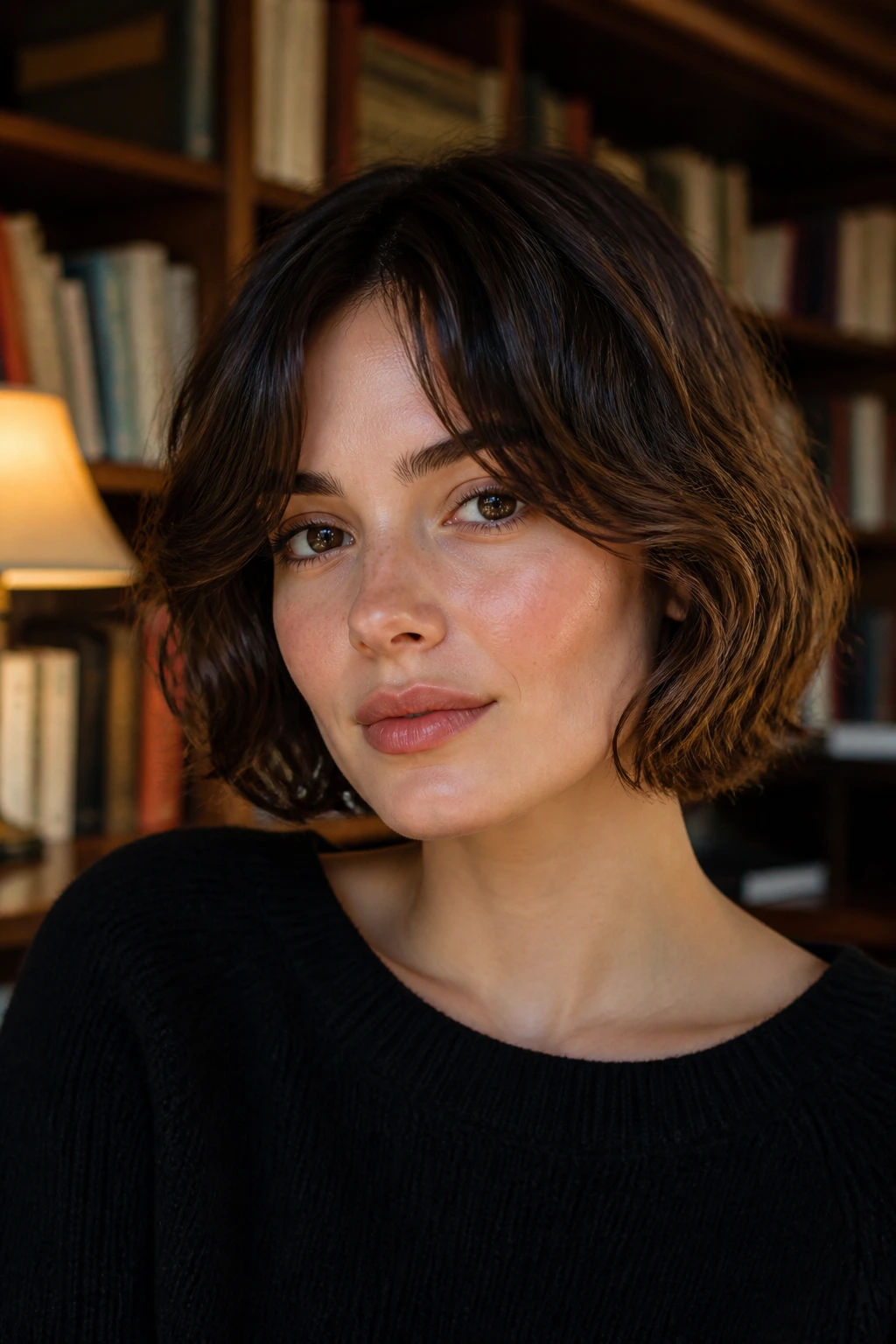 Close-up of a woman with a jaw-length French bob in a quiet study