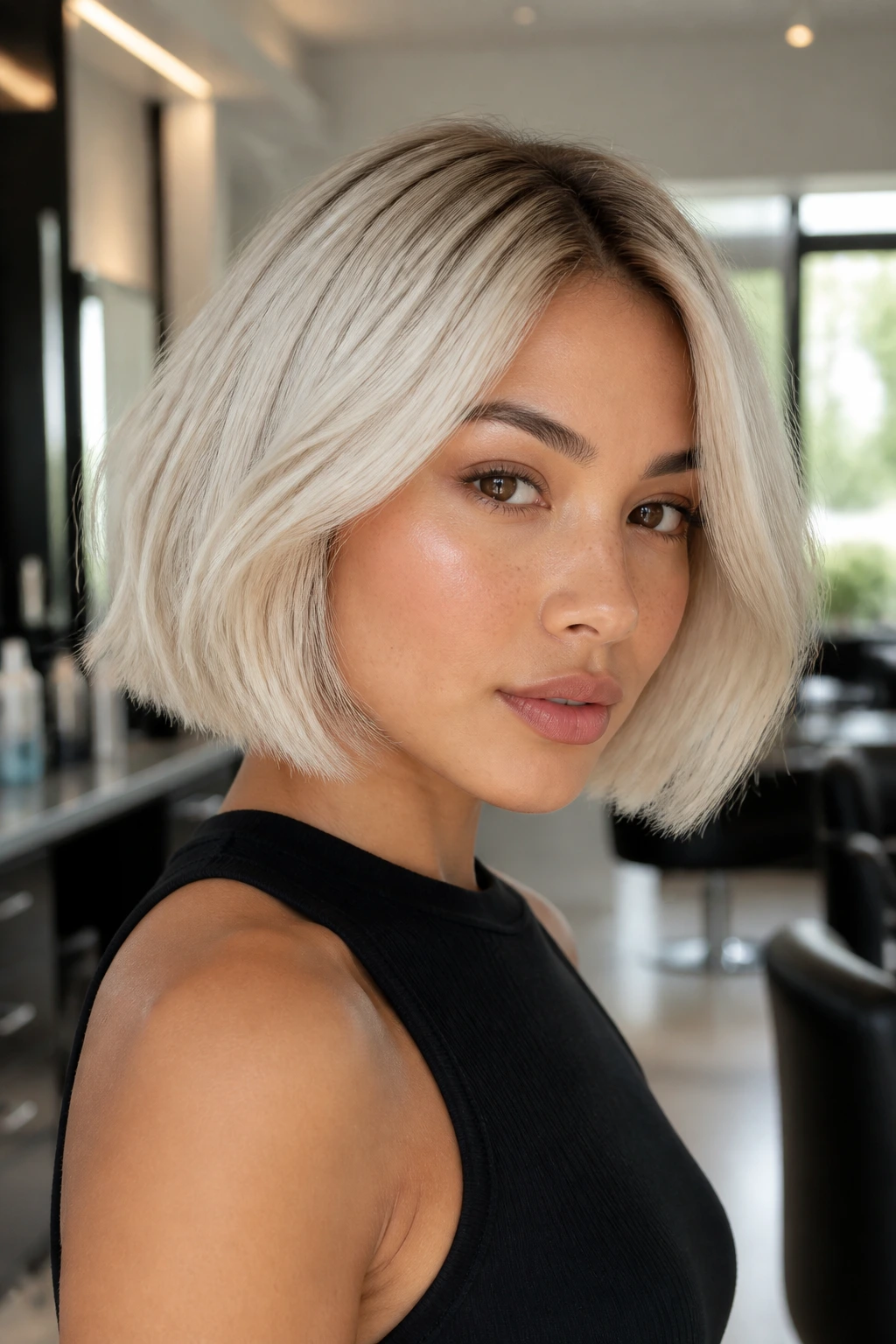 Real woman with jaw-length French bob in white-blonde shade under natural light