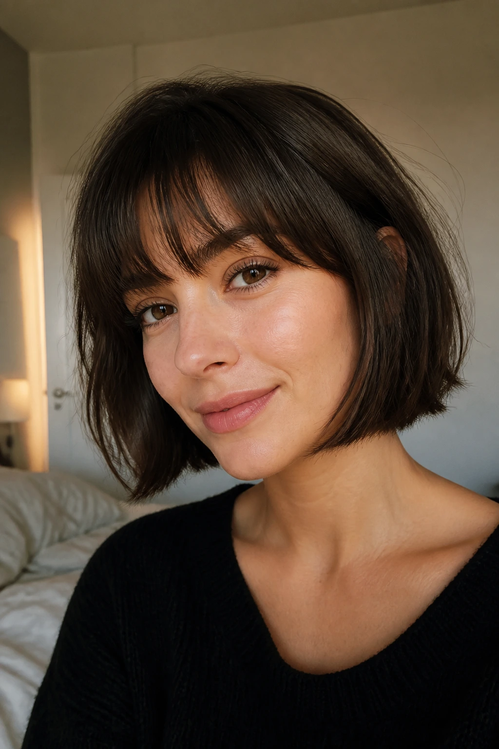 Close-up of a real woman with French bob and wispy bangs