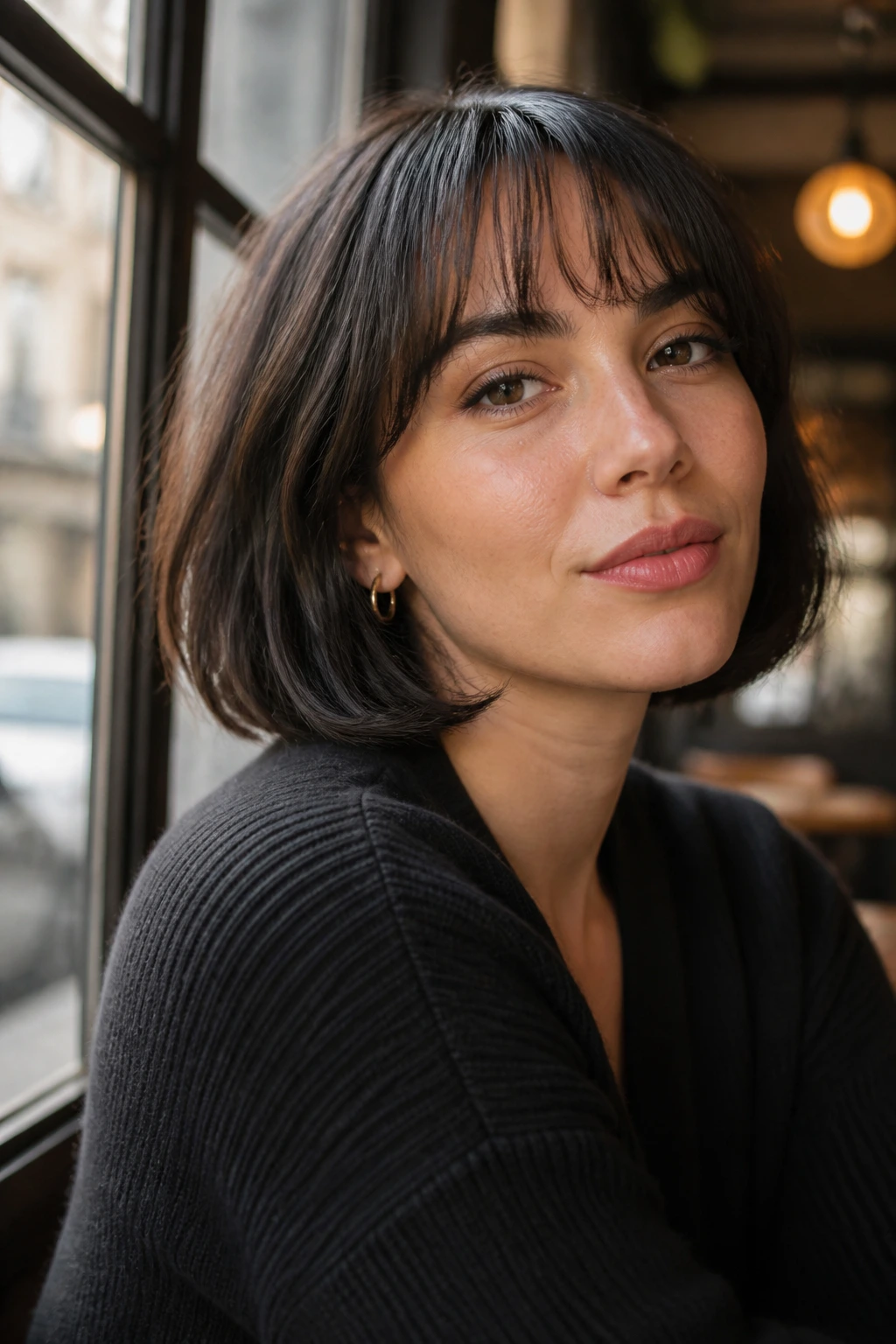 Real woman with French bob and wispy baby bangs