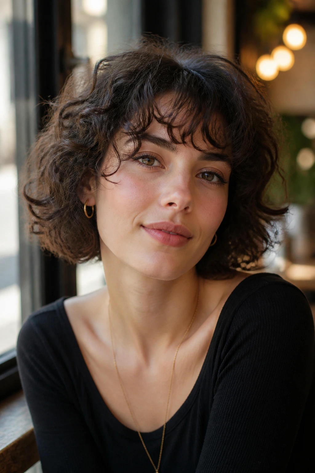 Close-up of a real woman with a curly French bob and wispy bangs