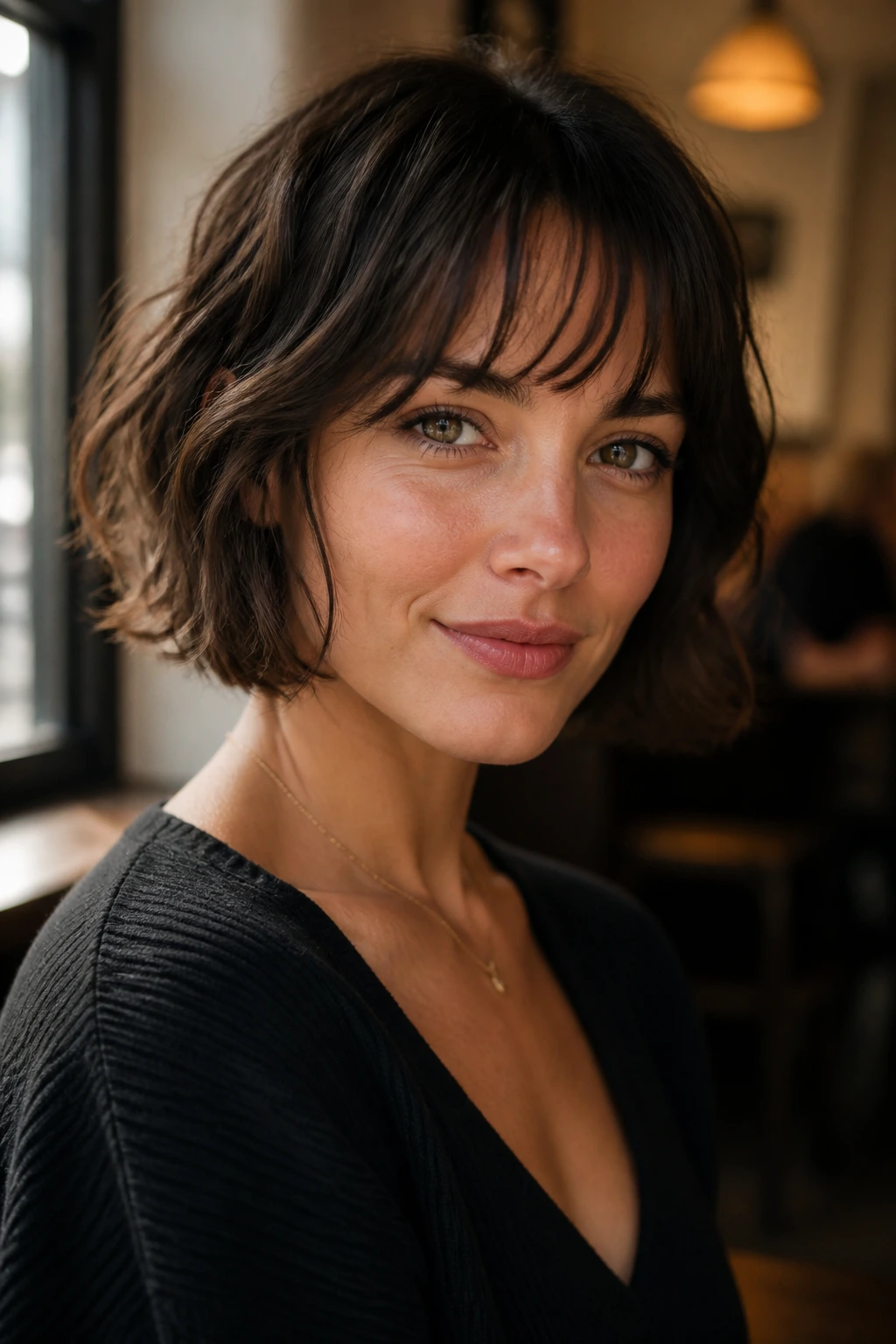 Close-up of a woman wearing a French bob with wispy fringe.
