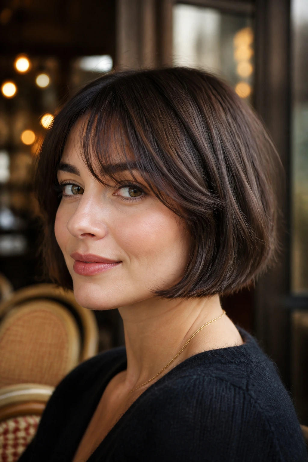 Portrait of a woman with French bob and wispy fringe