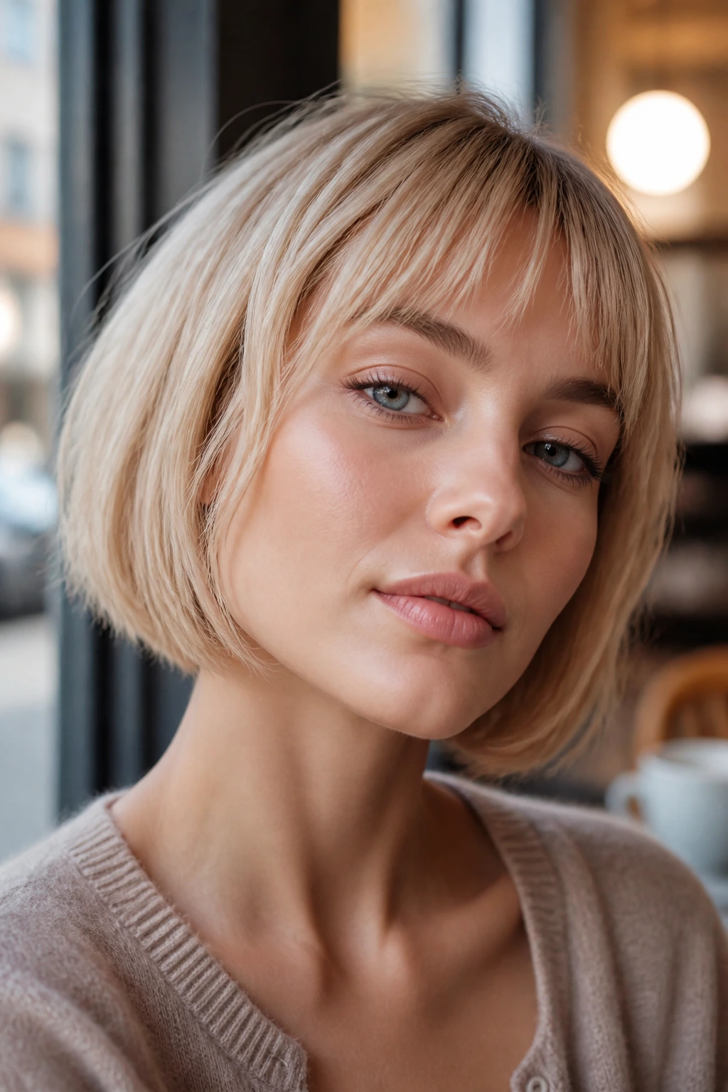 Portrait of a woman with French bob and wispy fringe in champagne blond.