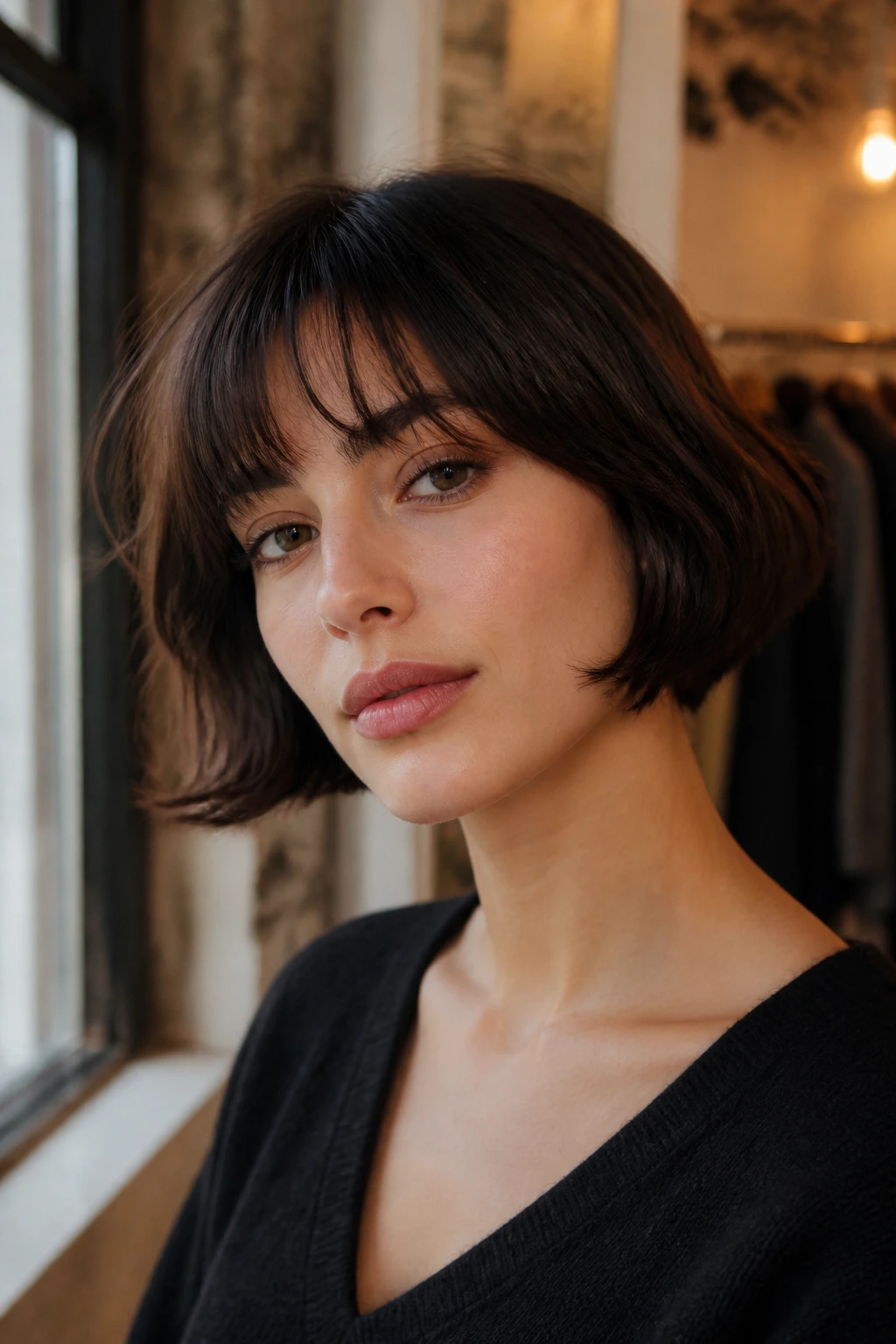 Real woman with French bob and brow-grazing wispy fringe