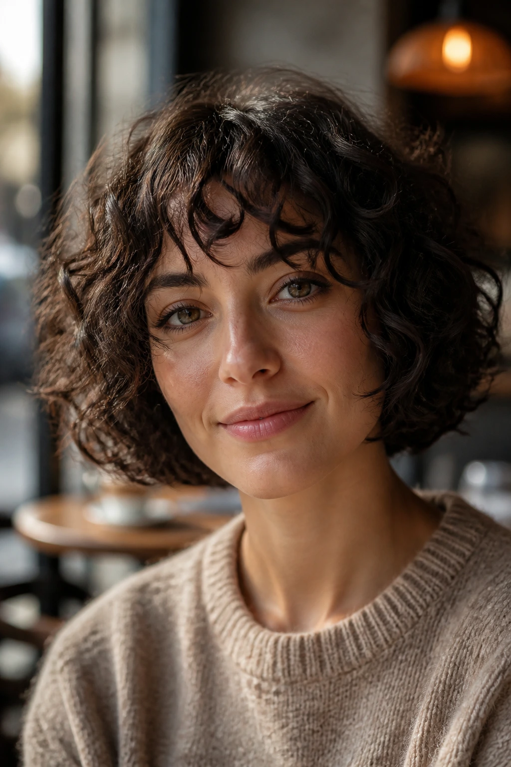Close-up portrait of a real woman with a French bob and wispy fringe