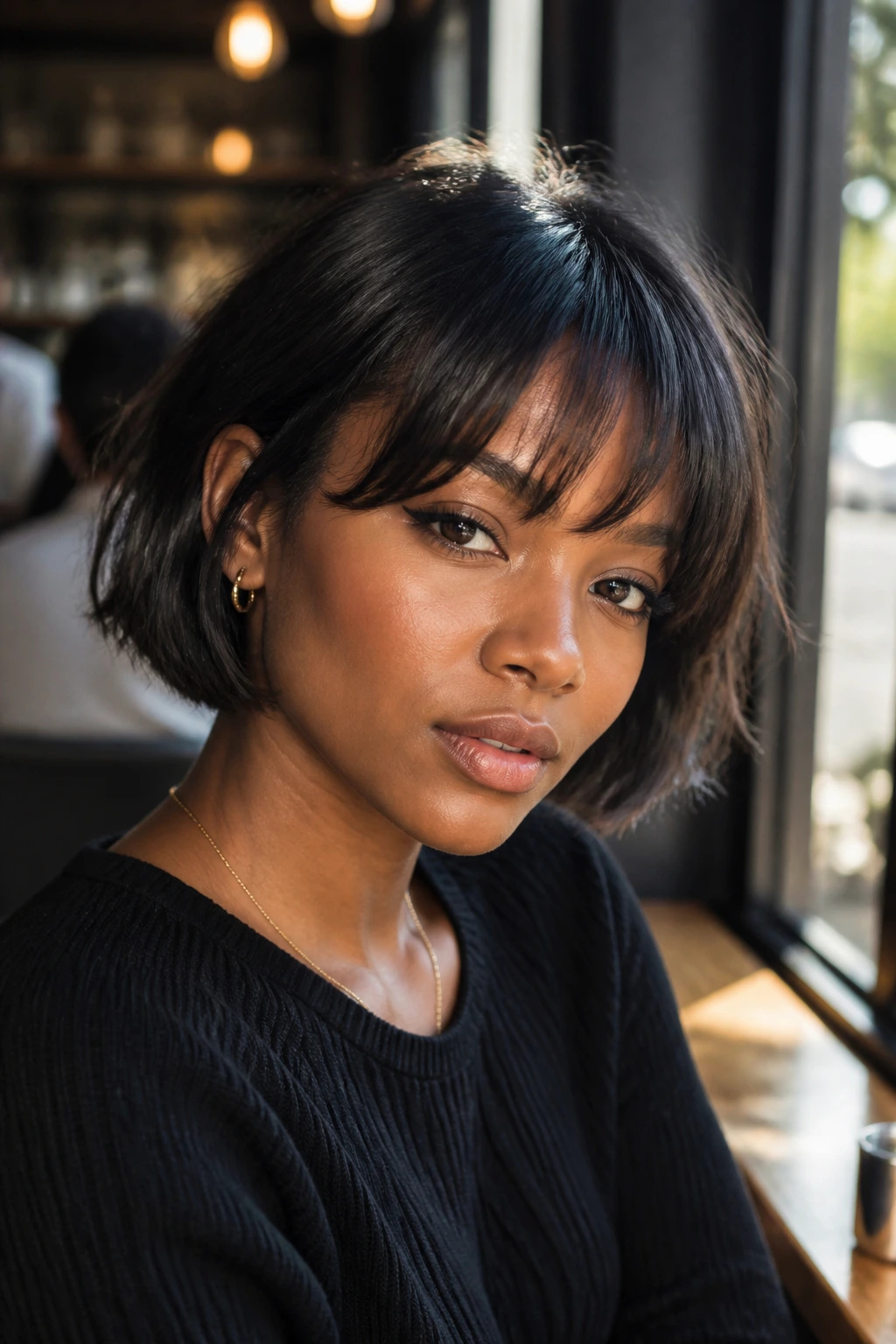 Close-up portrait of a real woman with a French bob and wispy fringe at cheekbone length