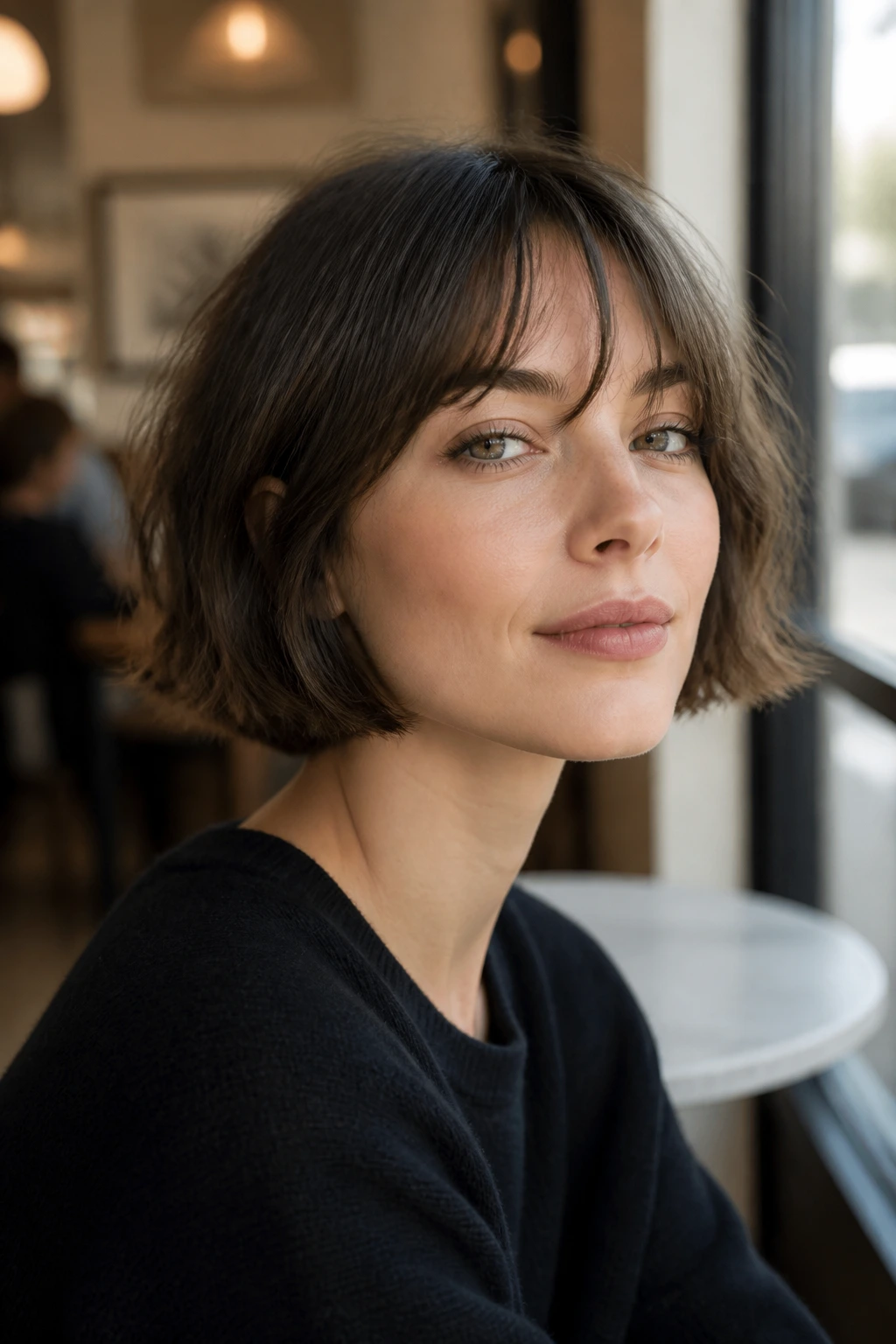 Portrait of a real person with a French bob and wispy fringe, natural light