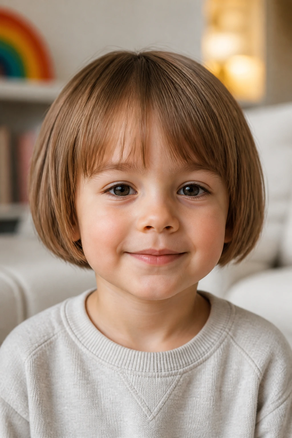Close-up toddler boy with French bob for wispy fine hair