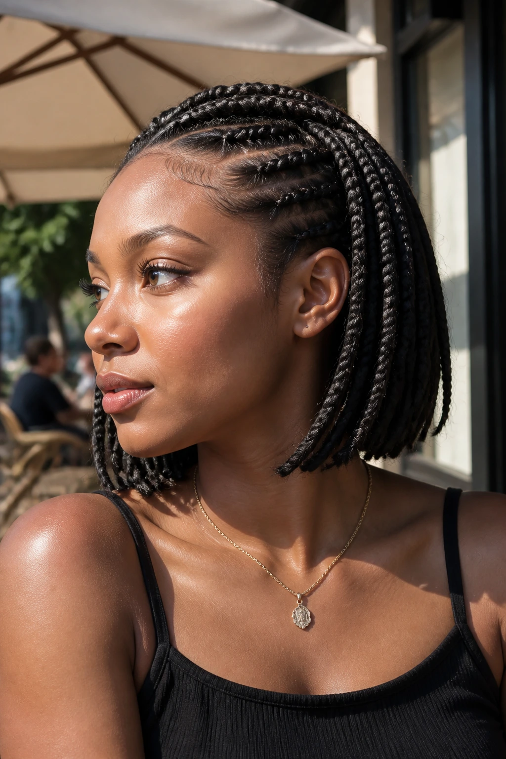 Portrait of real person with bob-length French braid