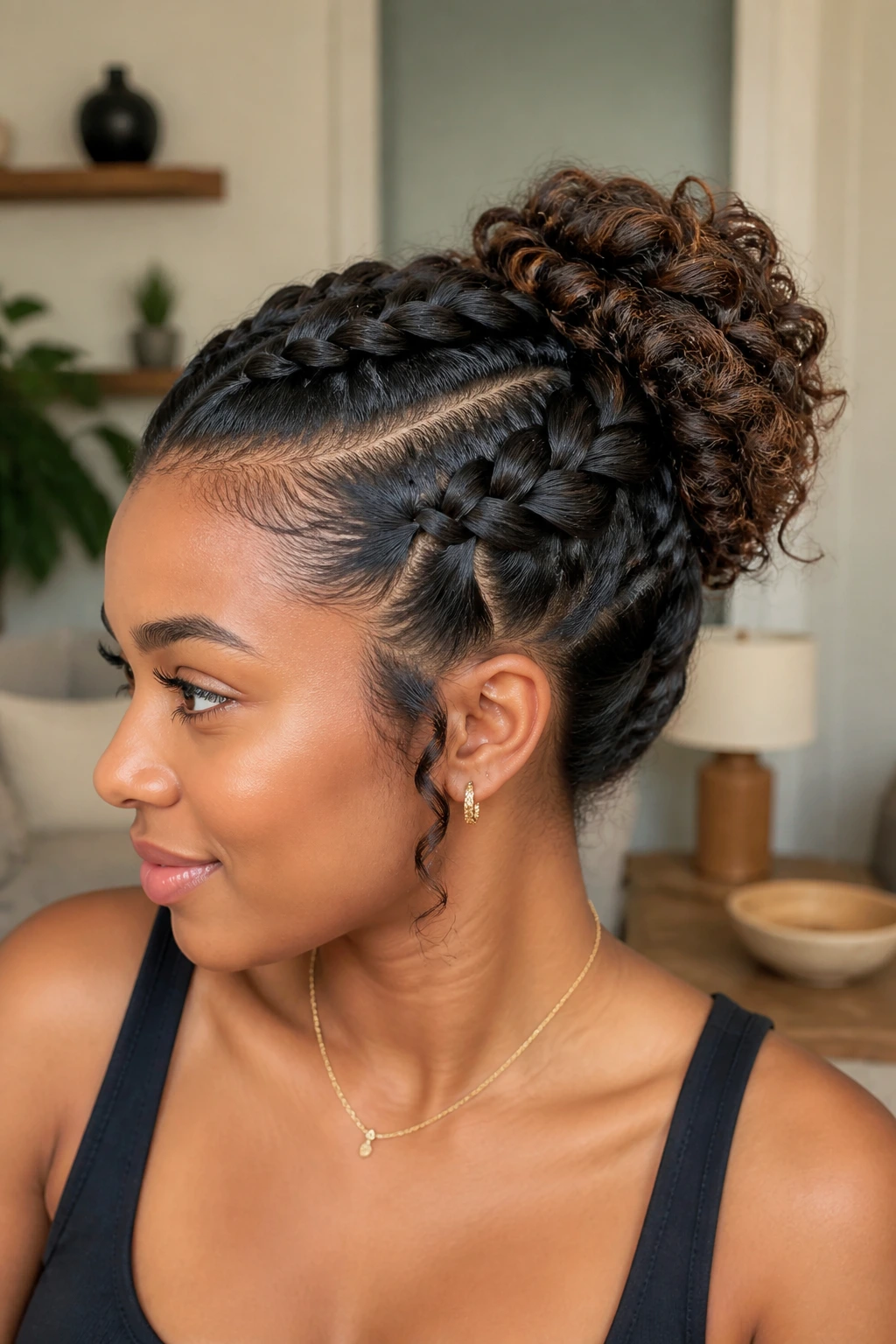 Close-up of a real person with a bun and curly ends peeking out