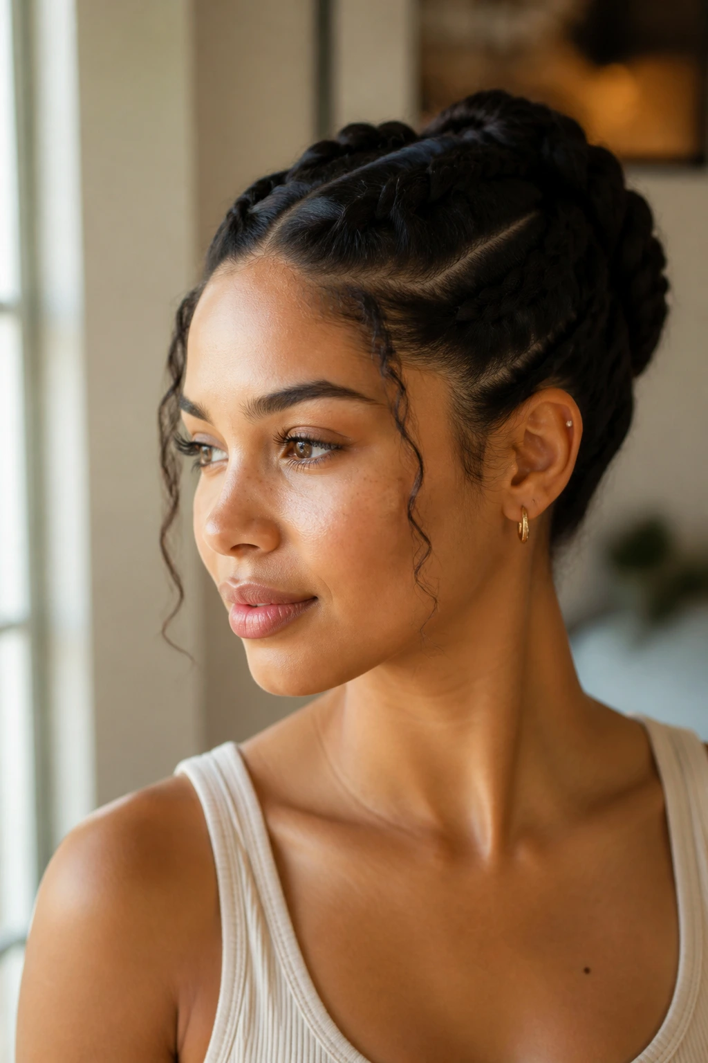Close-up of a real person showing back-into-bun French braid with two face-framing pieces