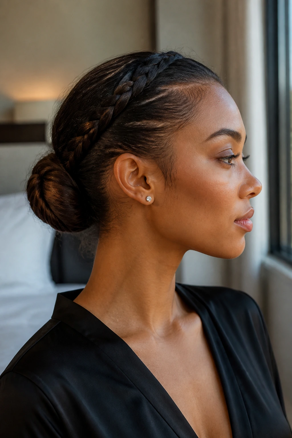 Close-up portrait of a real woman with a low ballet bun formed by a French braid.