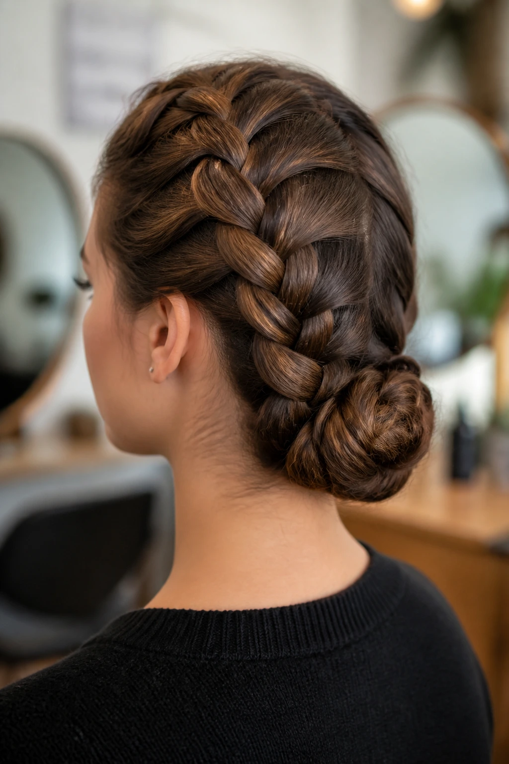Close-up of a woman with a neat French braid bun at the nape.