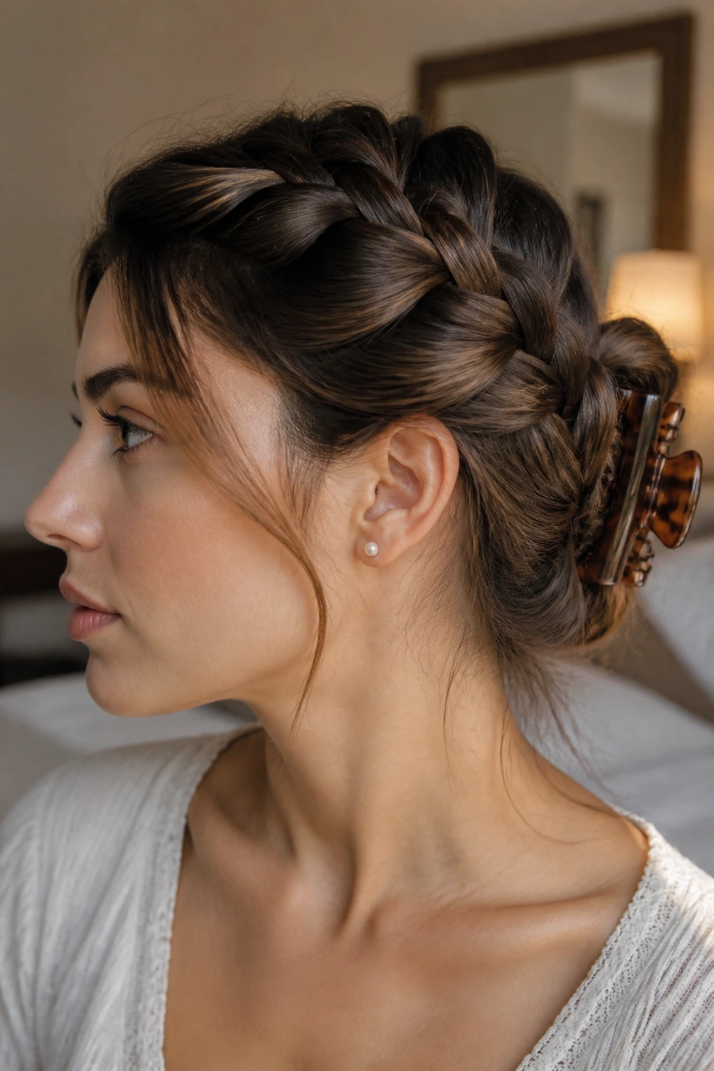 Close up of a real woman's head showing a French braid pulled back and clipped with a claw clip