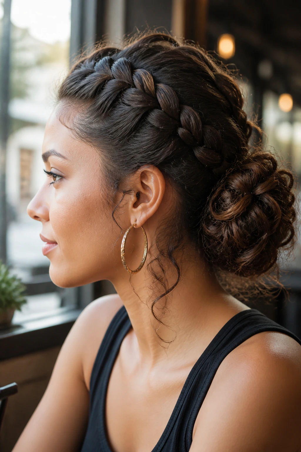 Side-profile of a person with a French braid into a curly bun.