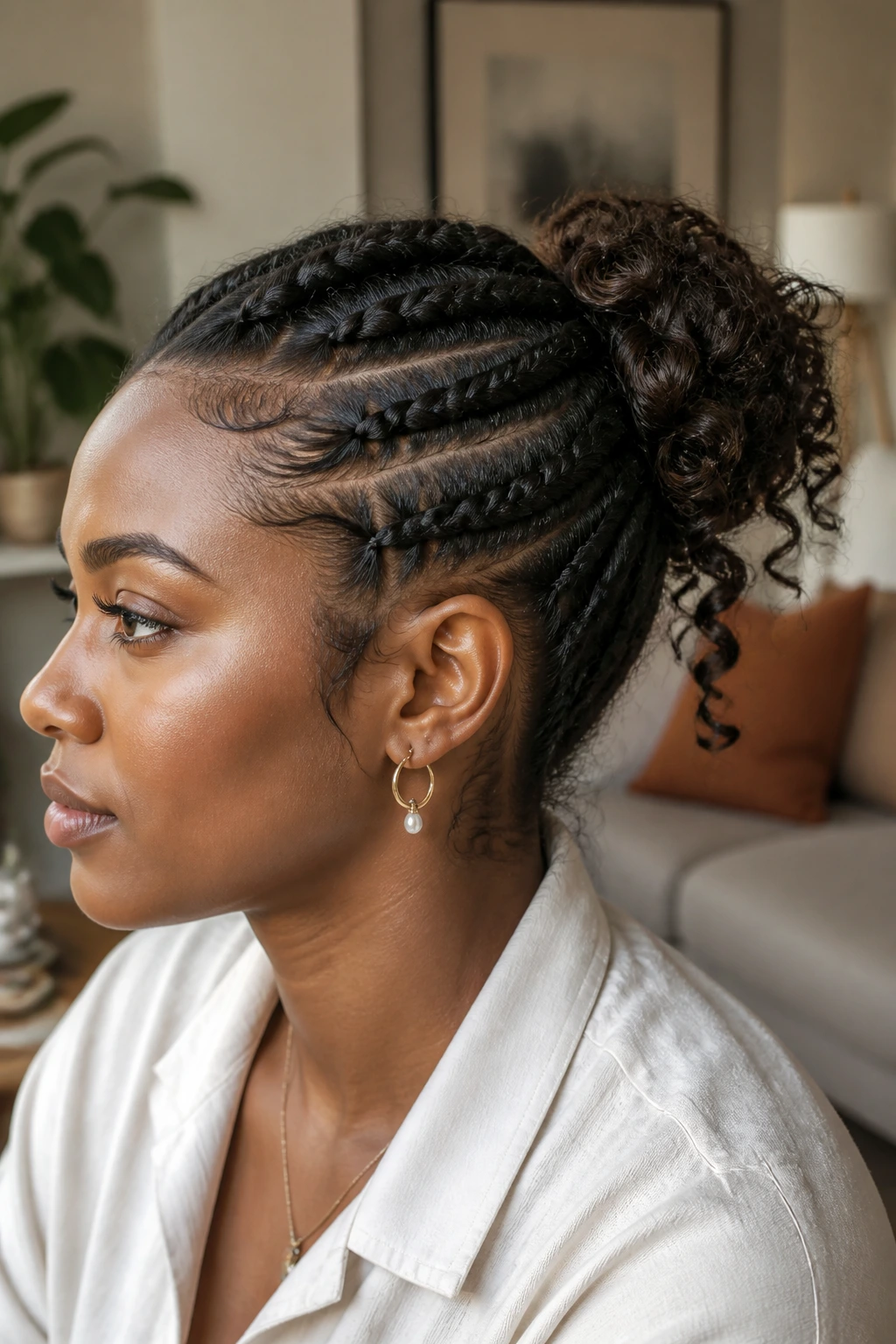 Close-up portrait of a real woman with a French braid bun and curly ends