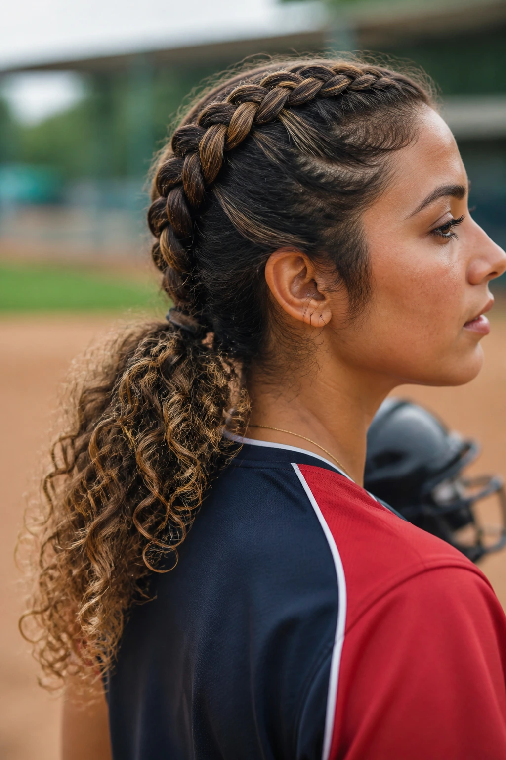 Close-up of a player with a centered French braid flowing into curly tail, against a blurred field.