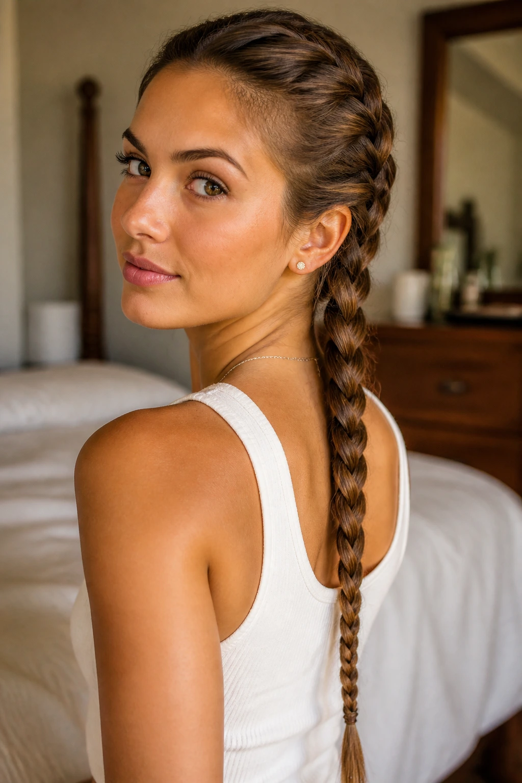 Close-up portrait of a woman with a French braid that reaches the ends, rope-like and uninterrupted