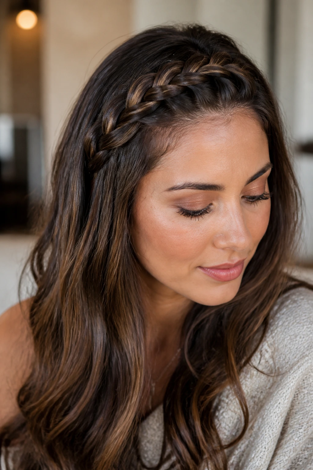 French braid from temple to temple along the hairline on a real person