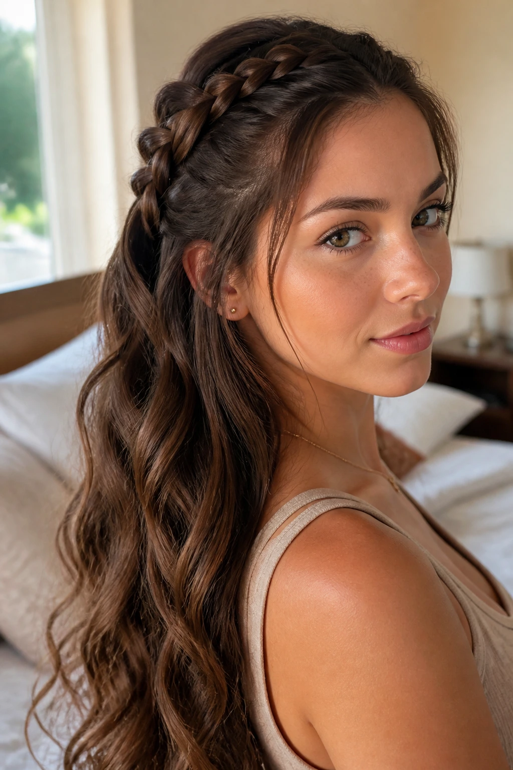 Close-up of a real woman showing a French braid on top with loose waves below