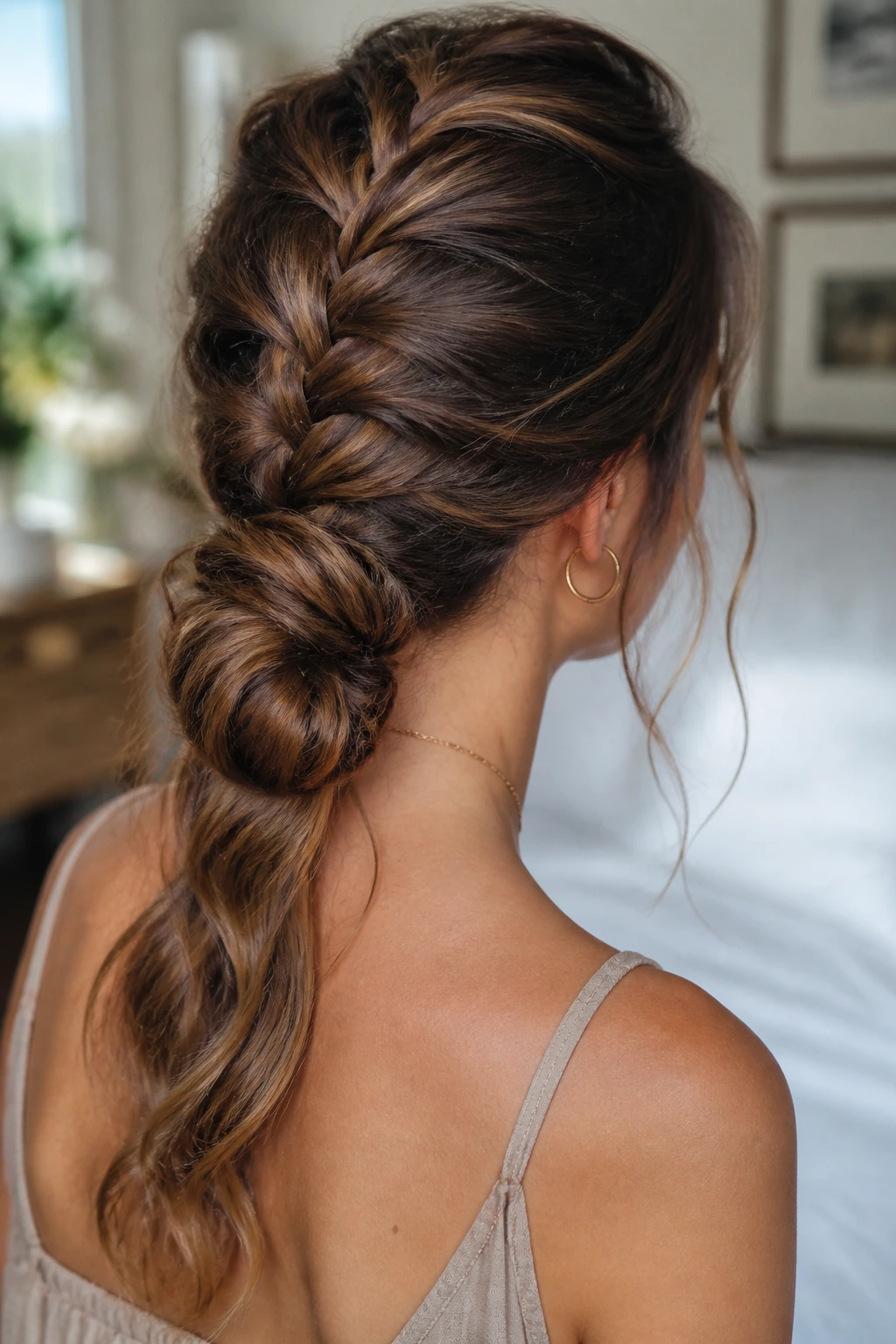 Close-up of a real woman with a French braid and low bun with waves