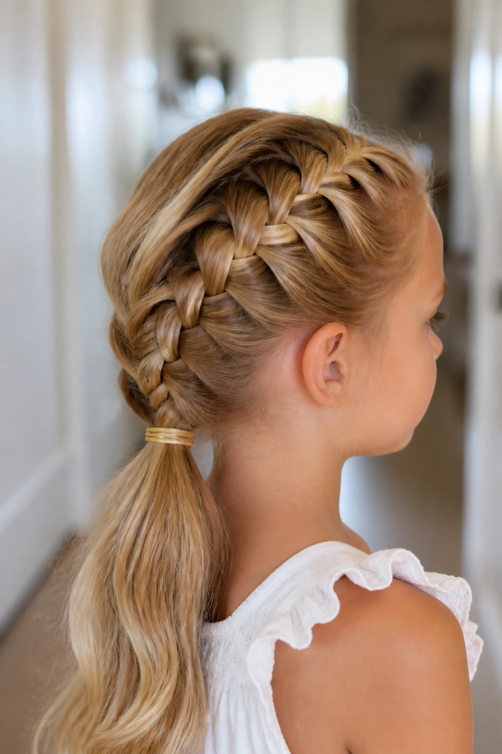 Close-up portrait of a real child with a French braid feeding into a low ponytail at the nape, soft light
