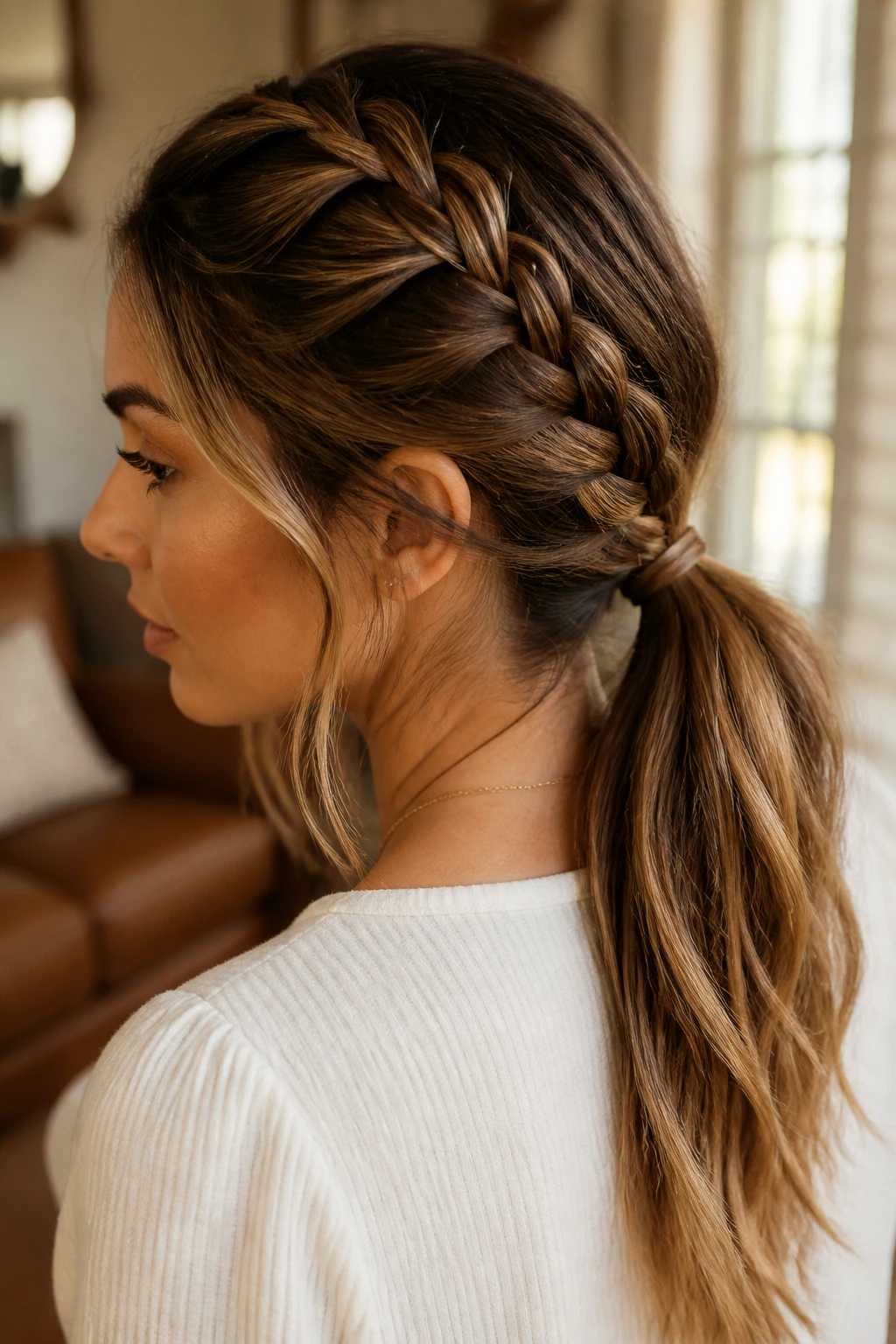 Close-up of a French braid transitioning into a low ponytail.