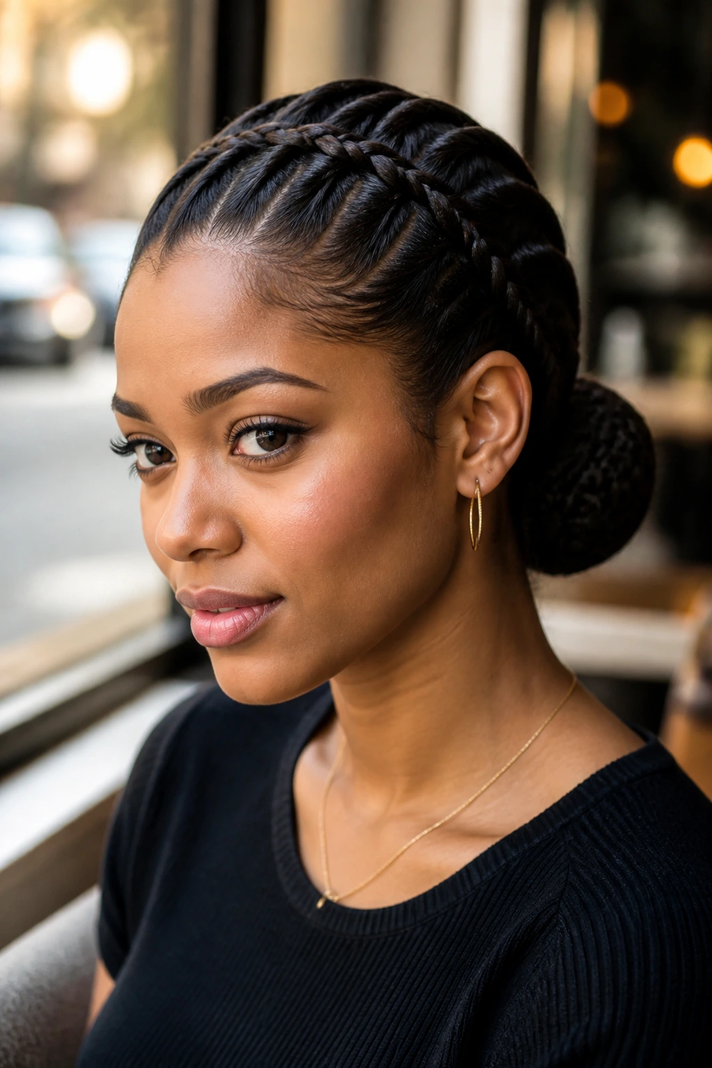 Close-up of a real person with a French braid ending in a low bun at the nape.