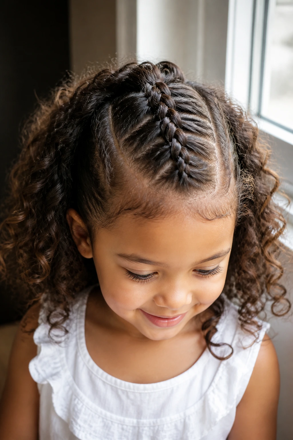 Close-up of a real child with a French braid mohawk and loose curls