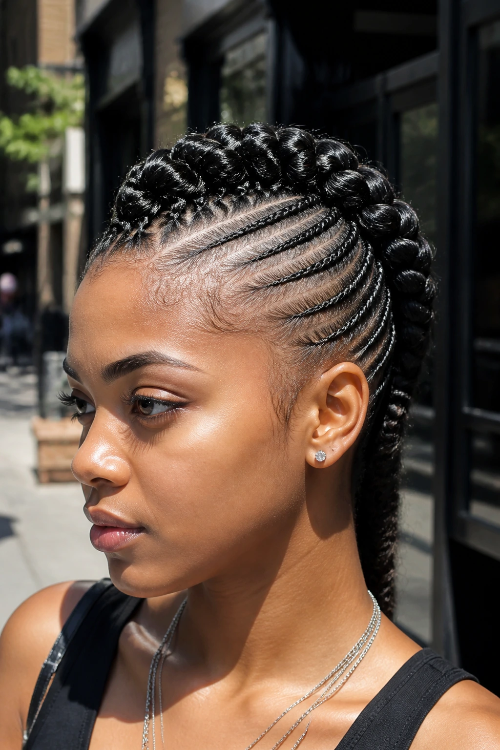 Real woman with French braid mohawk and sleek sides