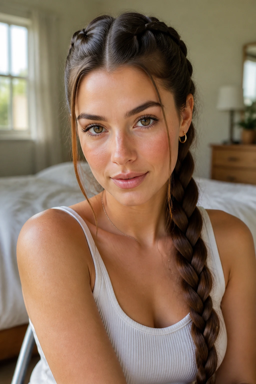 Close-up portrait of a real woman with a center French braid on long hair and an oval face