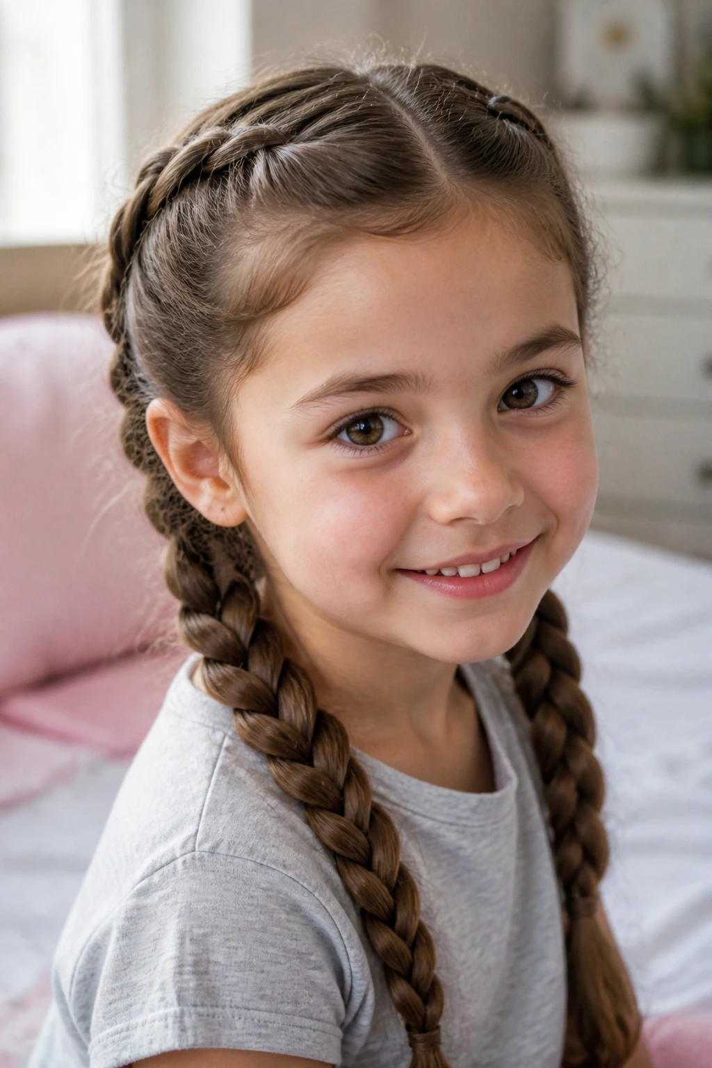 Real child with classic French braids in two pigtails, close-up portrait