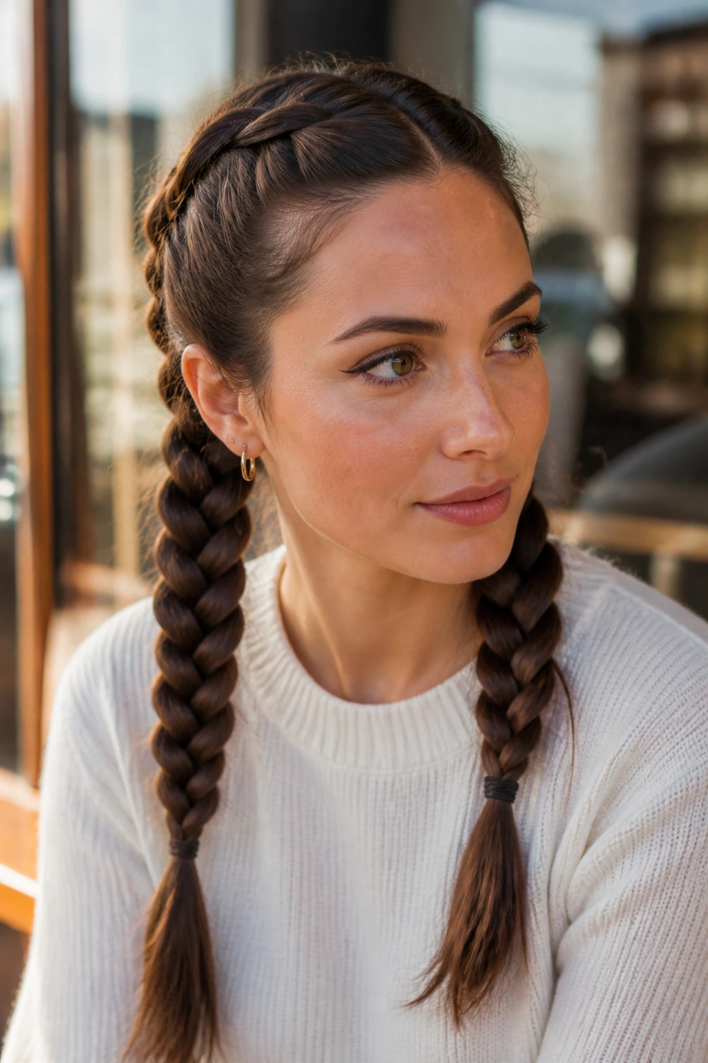 Close-up of a real woman with French Braid Pigtails