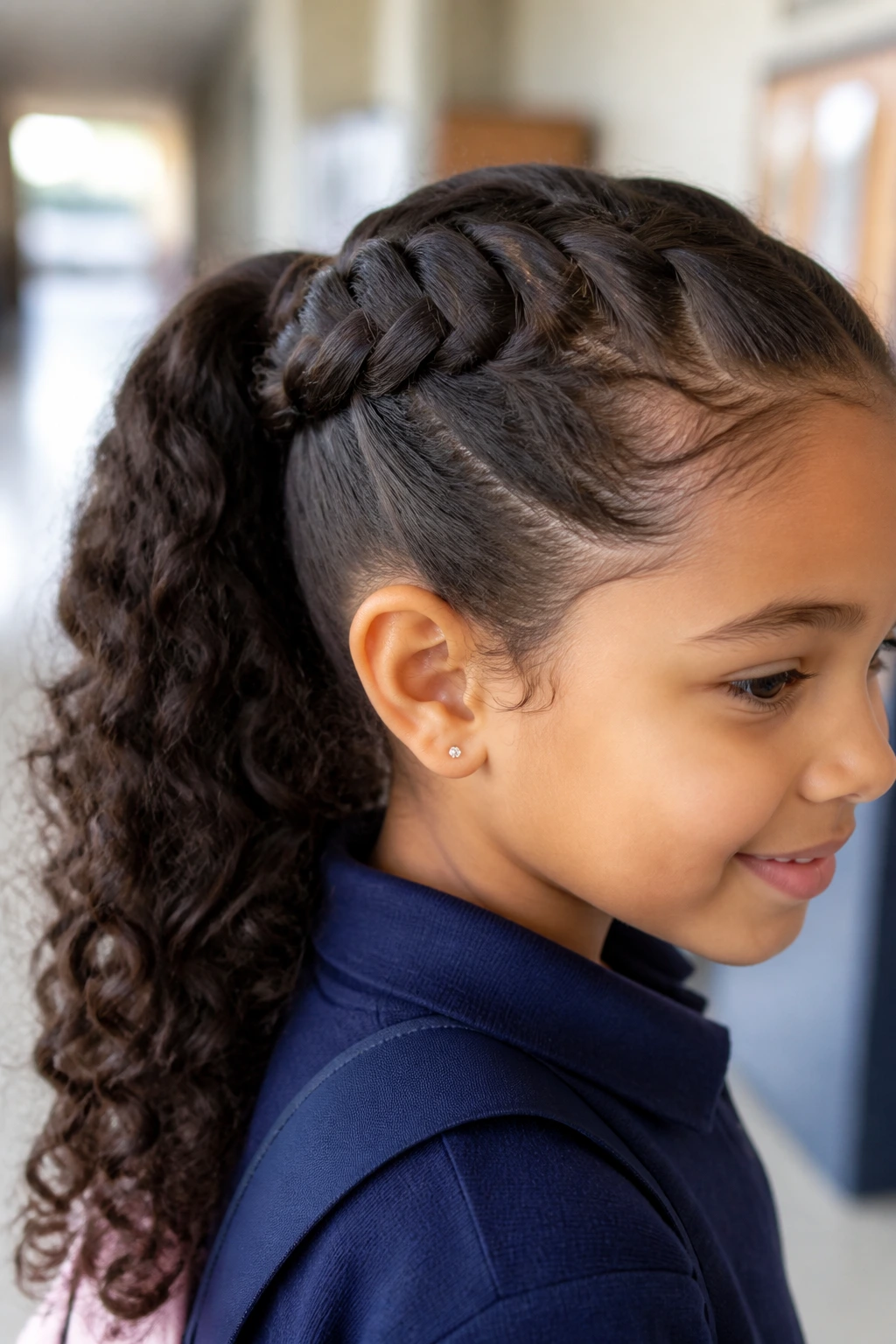 Close-up of French braid leading into ponytail on a curly-haired child