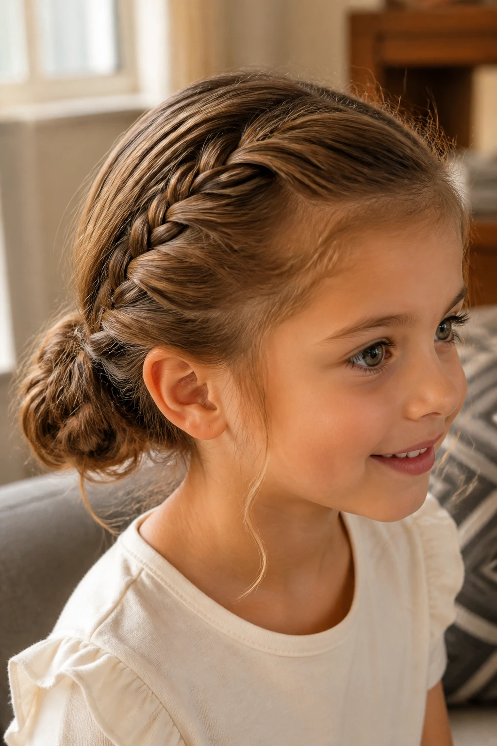 Close-up of child with side-swept French braid into a low bun