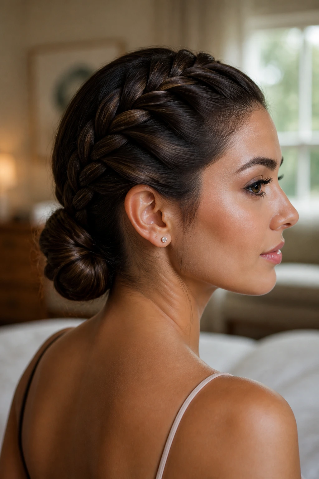 Close-up of a real woman with a French braid forming a sleek low bun at the nape