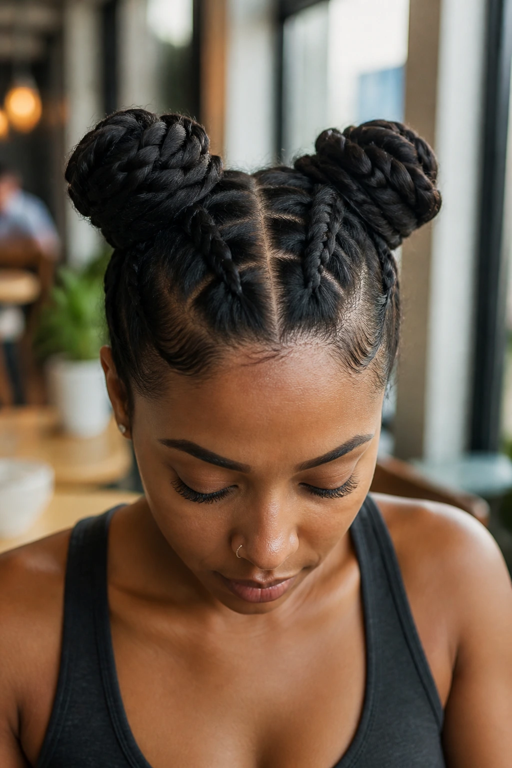 Close-up of a real woman with French braid space buns under natural window light