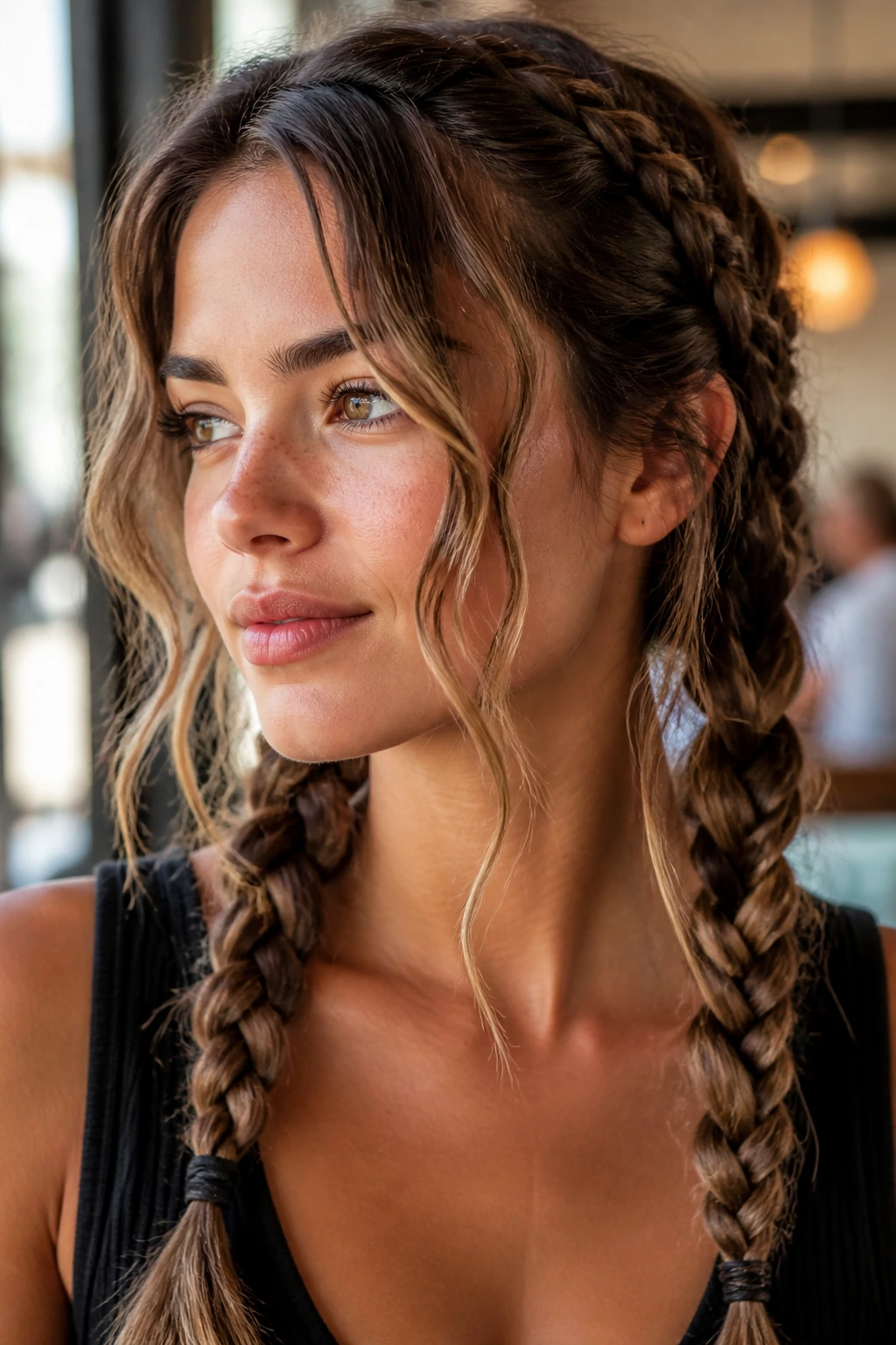 Portrait of a real person with loose French twin braids and face-framing waves.