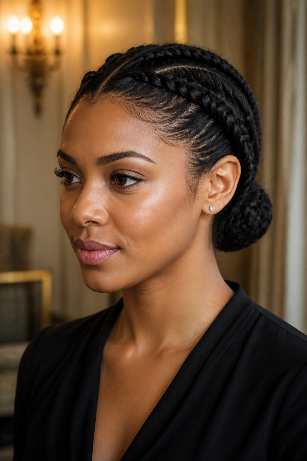 Close-up portrait of French braids forming a low bun at the nape on a real woman