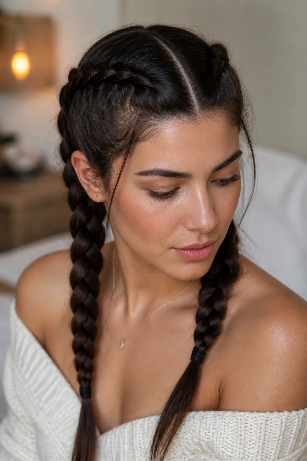 Close-up of real woman with soft French pigtails and thick hair