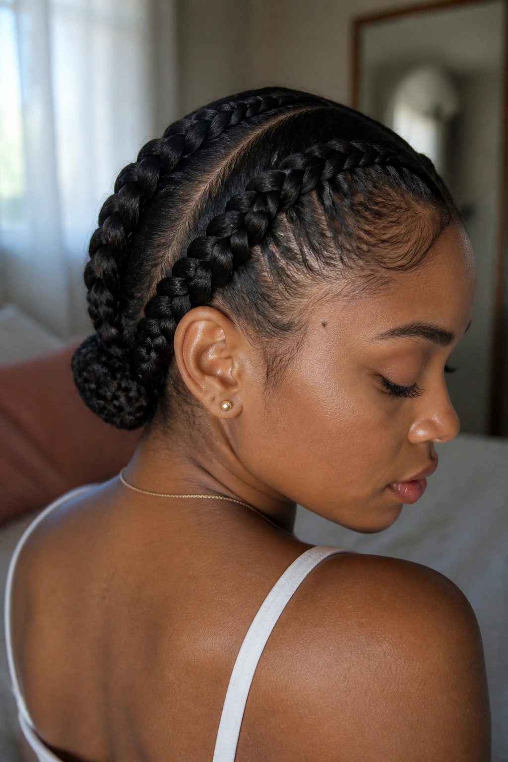 Close-up portrait of a real woman with long French braids tucked ends under soft window light