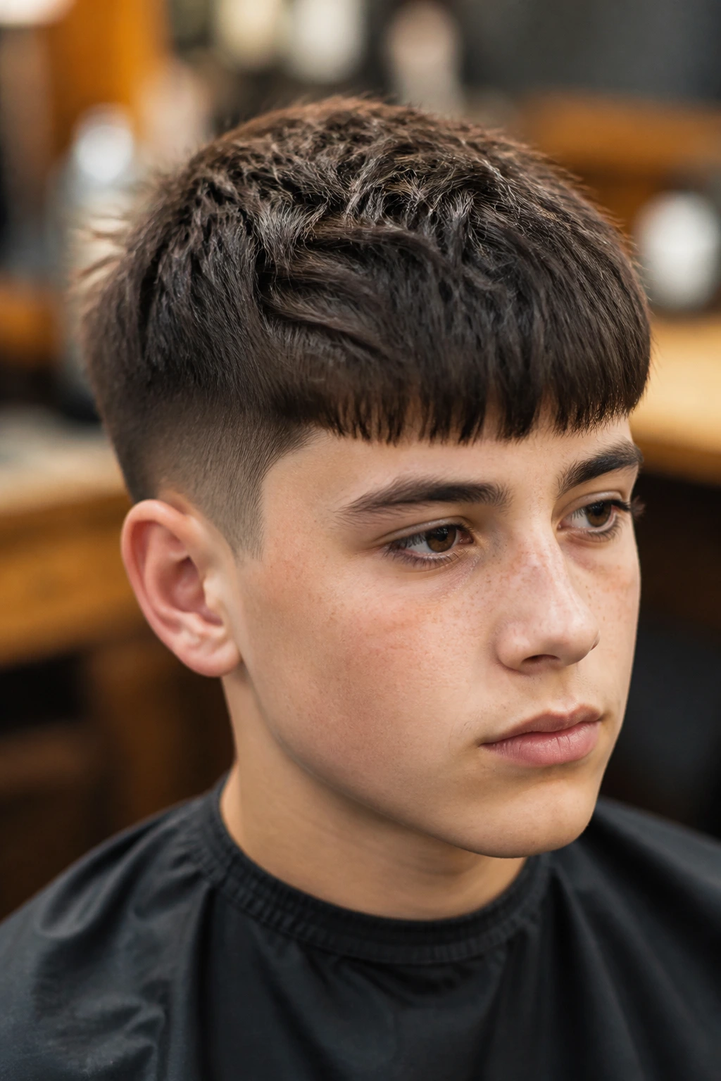 Portrait of a boy with a French crop featuring a short choppy fringe
